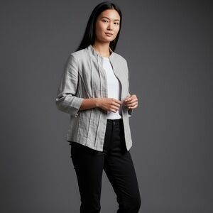 Eileen Fisher 100% Linen Pleated Minimalist Ecru Lined Preppy Office Blazer 8